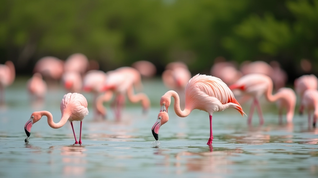 Vista cercana de flamencos rosados alimentándose en aguas tranquilas de laguna con manglar al fondo