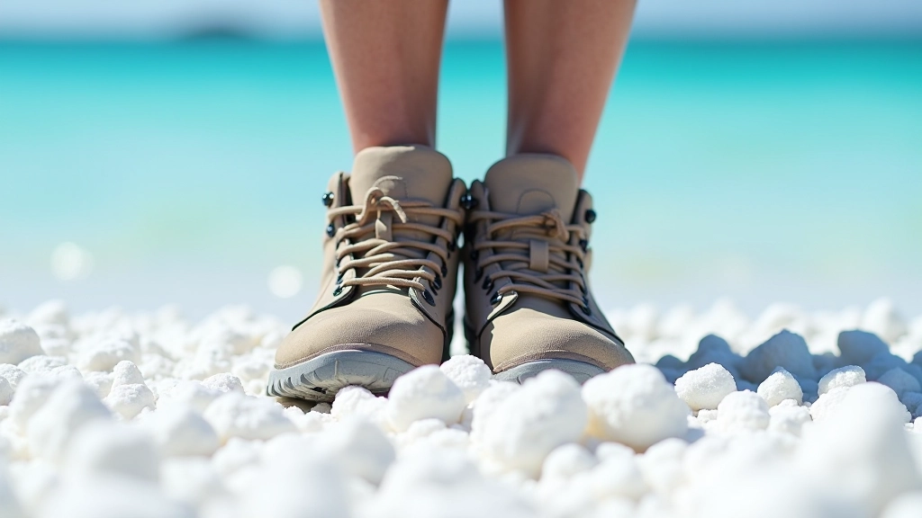 Detalle de pies con botas de senderismo caminando sobre cristales de sal blanca junto al agua turquesa