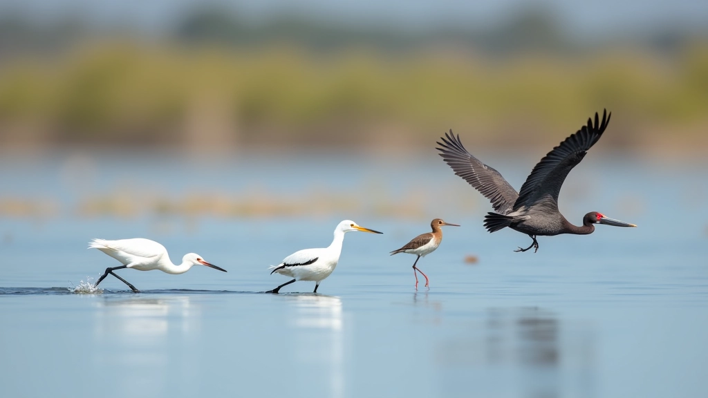 Composición de cuatro aves diferentes: garceta blanca pequeña, garza nocturna oscura, gallineta roja y negra, pelícano pardo en vuelo