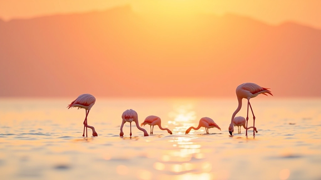 Grupo de flamencos rosados alimentándose en agua poco profunda durante el atardecer dorado