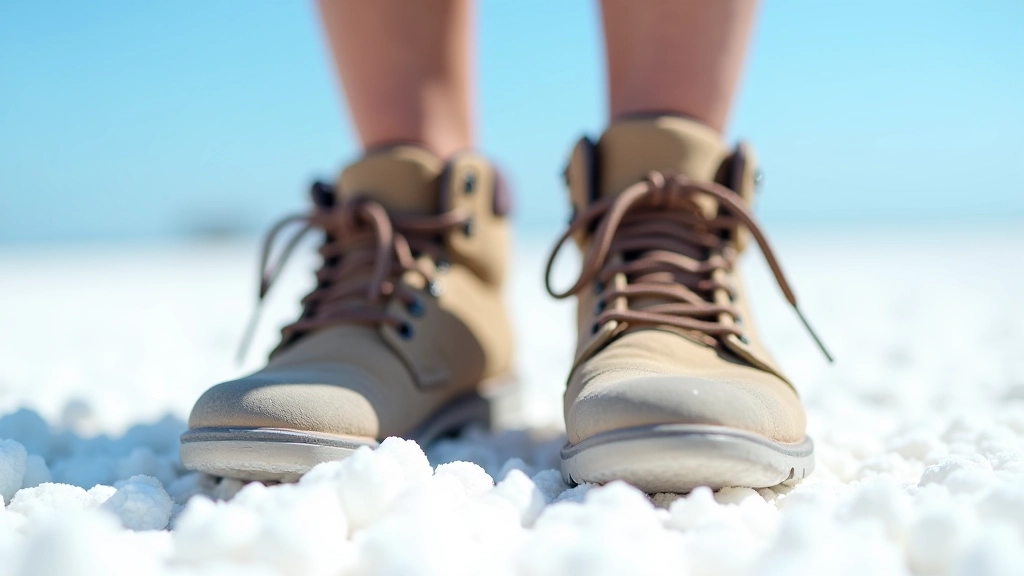 Primer plano de botas de senderismo sobre cristales de sal blanca