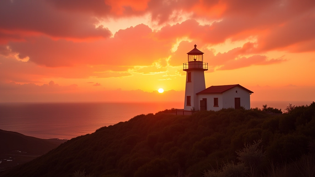 Faro antiguo en una colina al atardecer con cielo anaranjado y rosado, océano de fondo iluminado por el sol