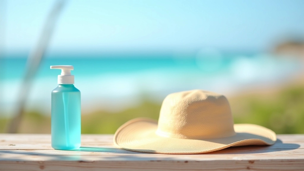 Botella de agua, sombrero y protector solar sobre mesa de madera con vista marina