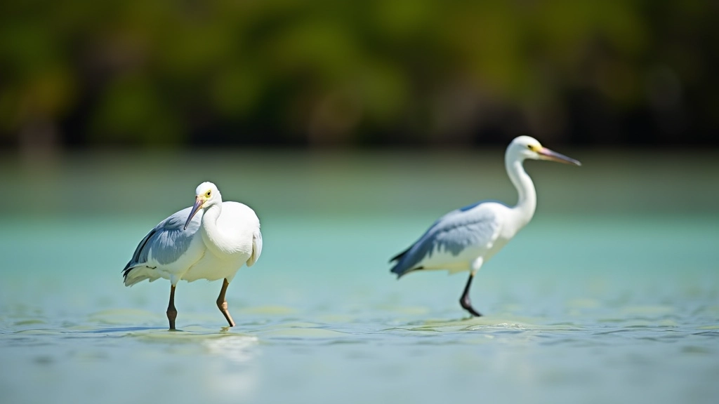 Garzas blancas y azules junto a agua cristalina con manglar de fondo, luz natural suave