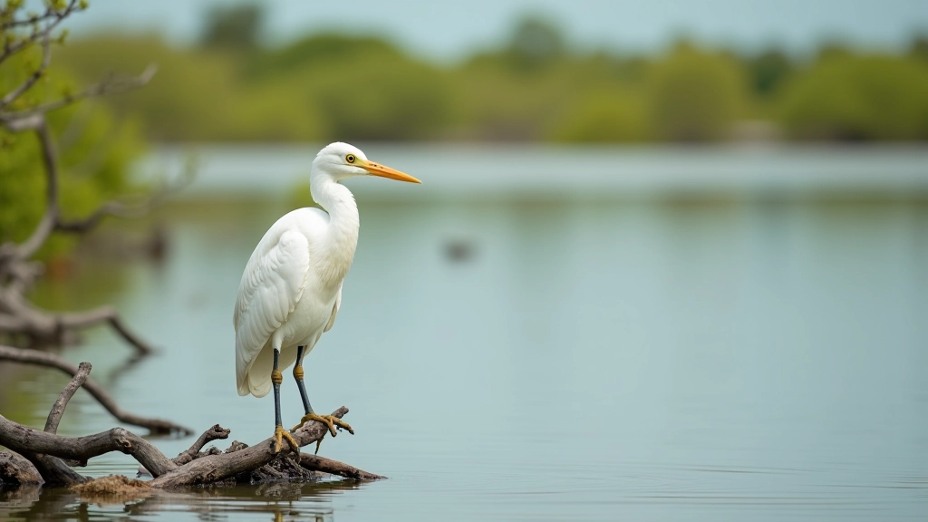 Garza blanca en reposo sobre rama de manglar junto a agua de laguna