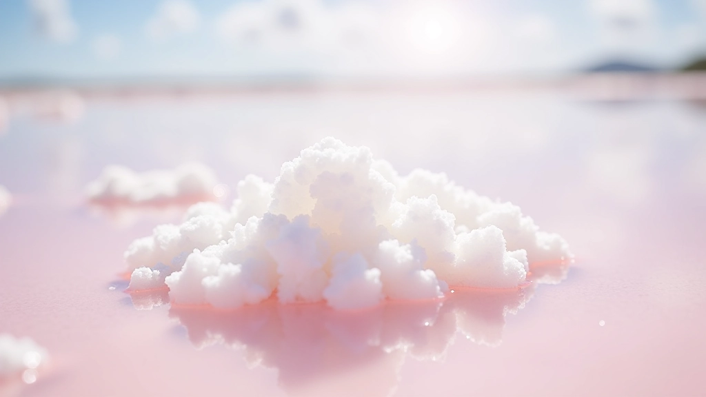 Formaciones de cristales de sal blanca brillante bajo el sol, con agua de color rosado en el fondo