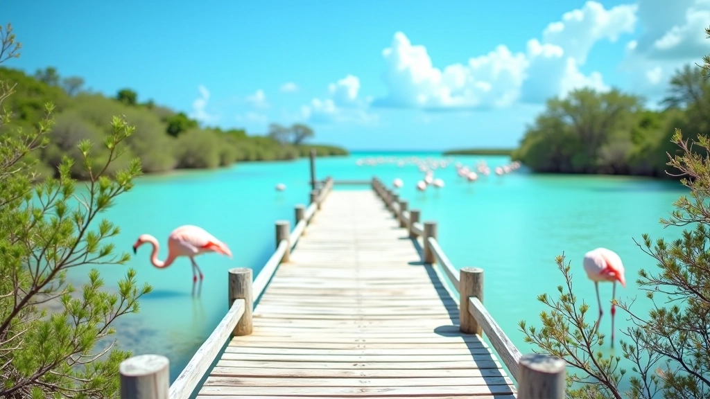 Plataforma de madera elevada en un mirador del manglar con vistas al agua turquesa y flamencos rosados en la distancia