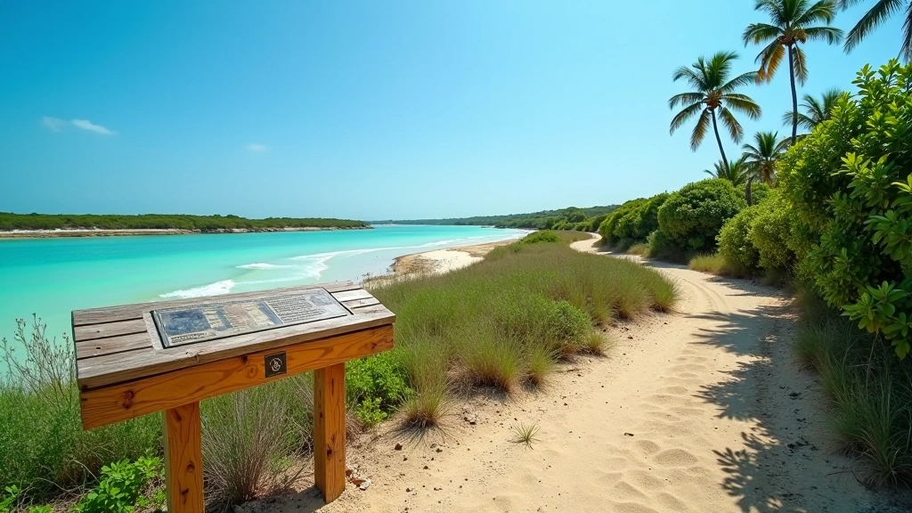 Cartel informativo de madera en un sendero costero con vistas al agua turquesa y vegetación de manglar